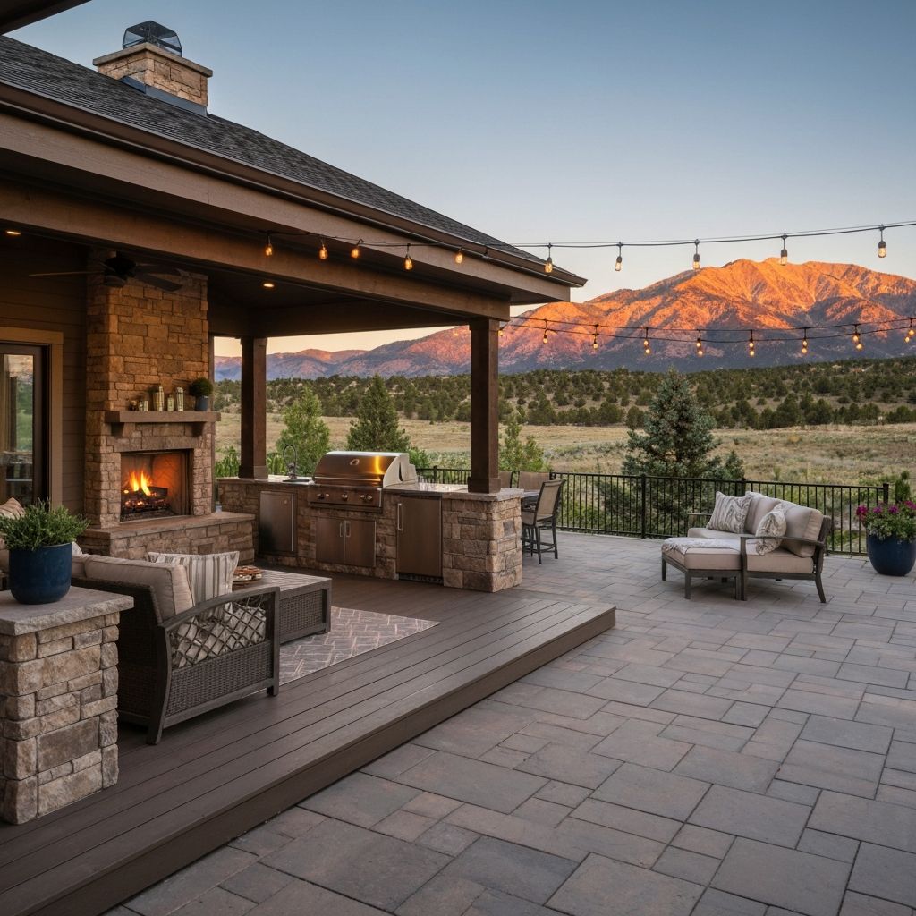 Outdoor living patio with covered deck and Colorado mountain views